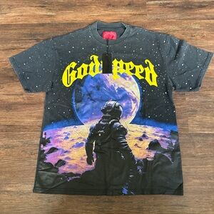 Men's Black Graphic Short Sleeve Tee with Yellow 'Godspeed' Print